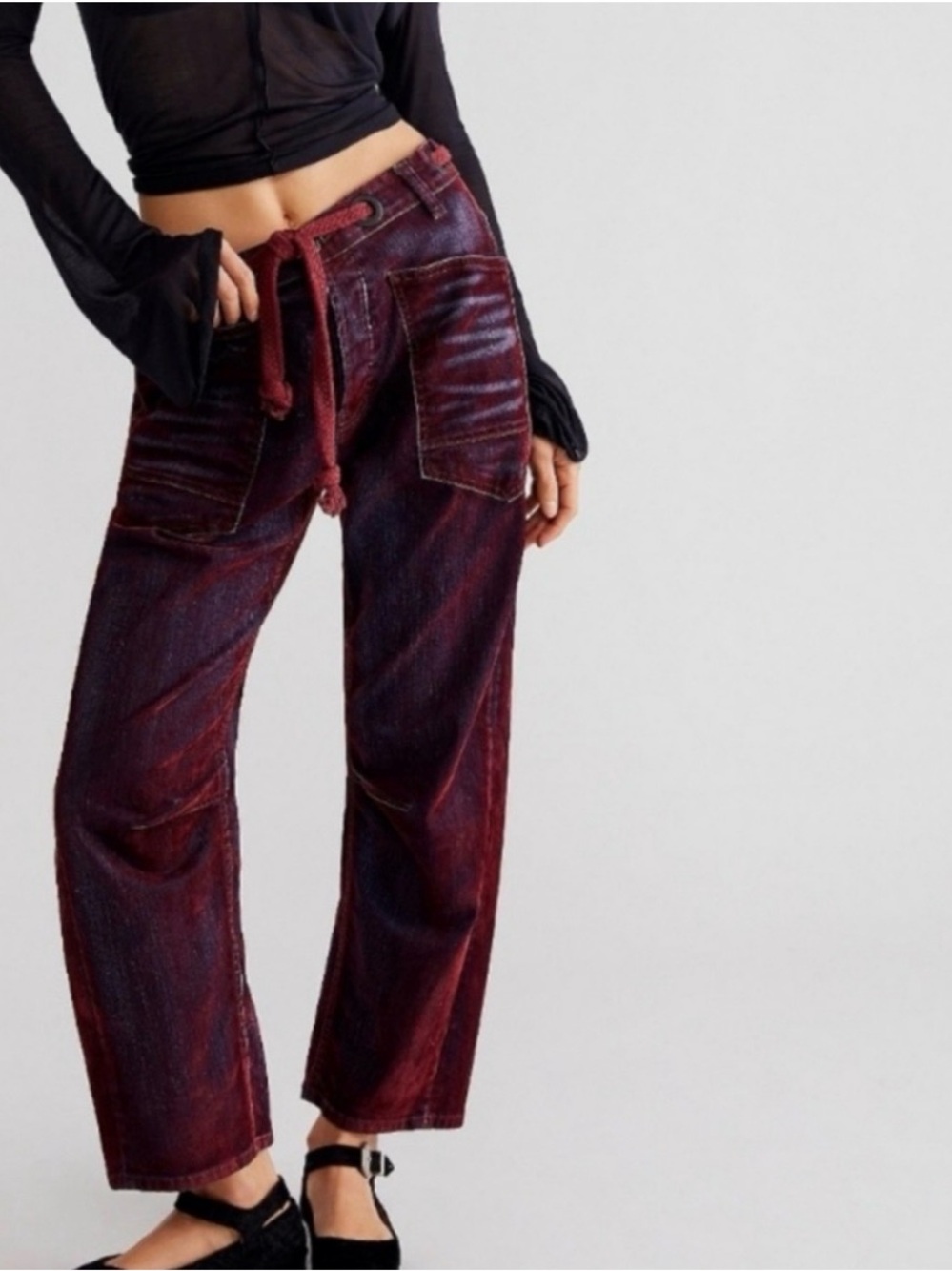 Free People Moxie Flocked Velvet Barrel Jeans Wine Tasting Burgundy Sz 26 Rare
